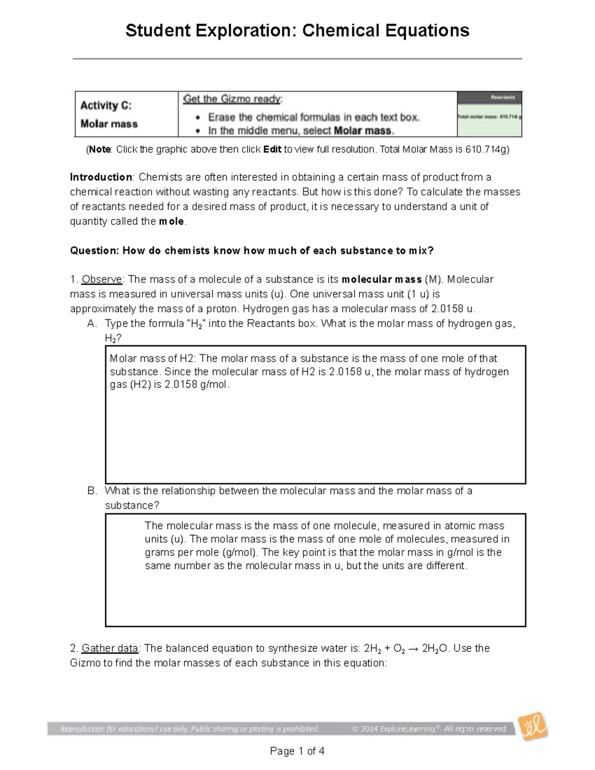 Copy of Student Exploration Chemical Equations C - (Note: Click the ...