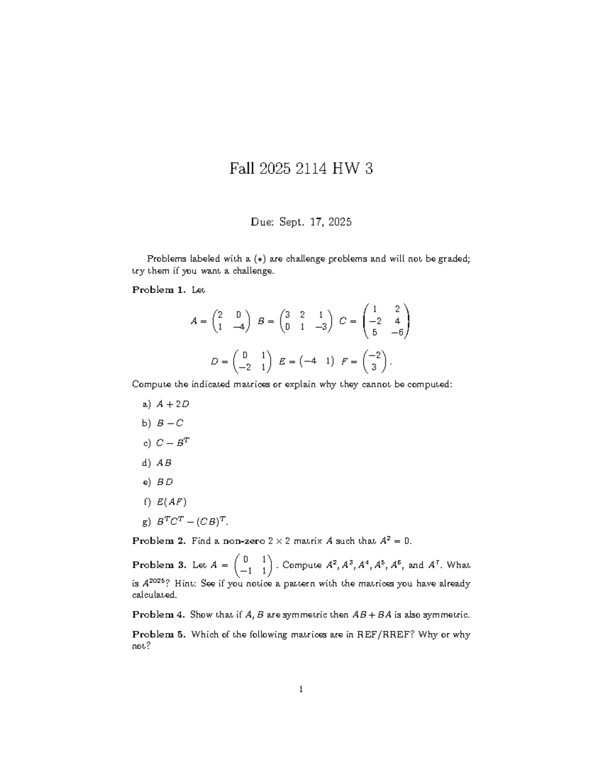 Fall 2025 Math 2114 HW 3: Matrix Operations & Properties - Studocu