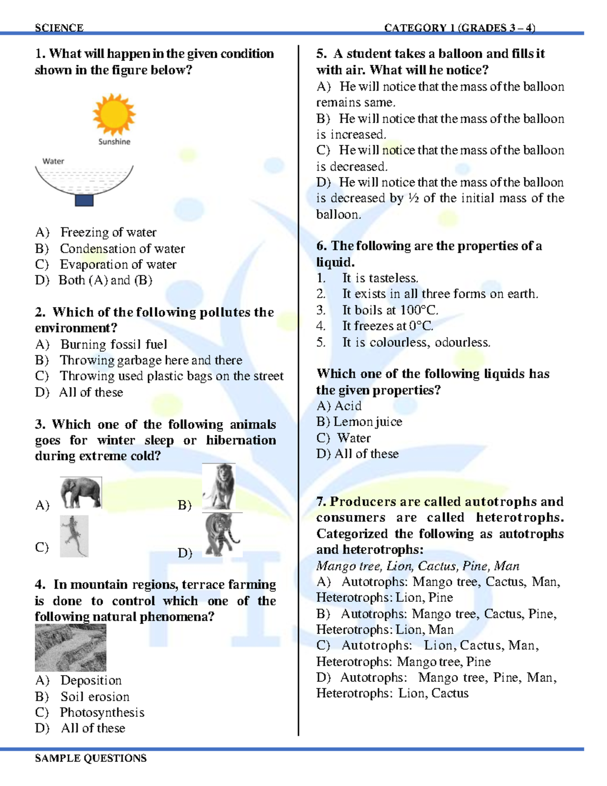 CATEGORY 1 (GRADES 3 4) SCIENCE SAMPLE QUESTIONS - Studocu