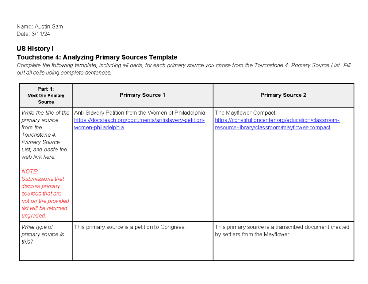US History I Touchstone 4: Analyzing Primary Sources Template - Studocu