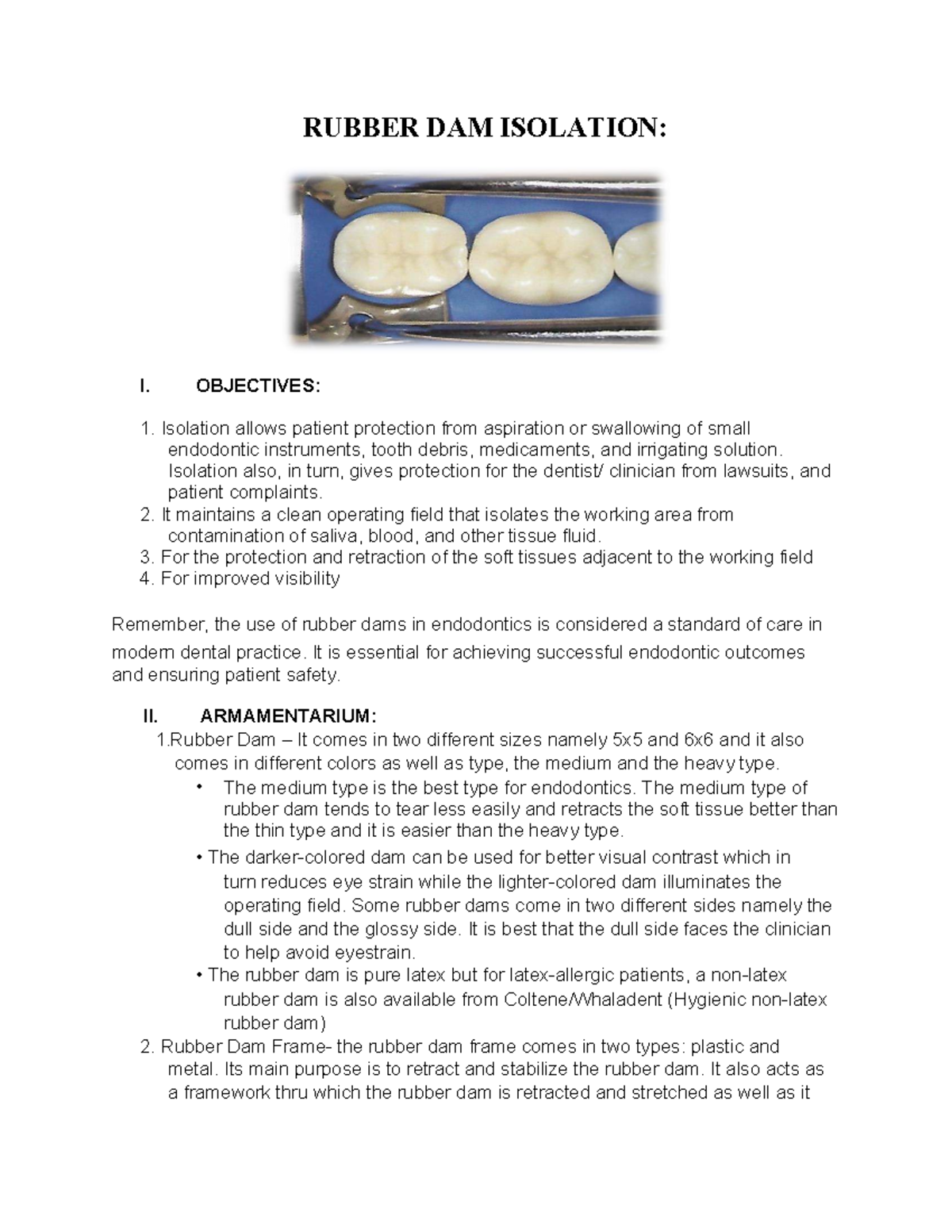 RUBBER DAM ISOLATION IN ENDODONTICS: OBJECTIVES & METHODS - Studocu