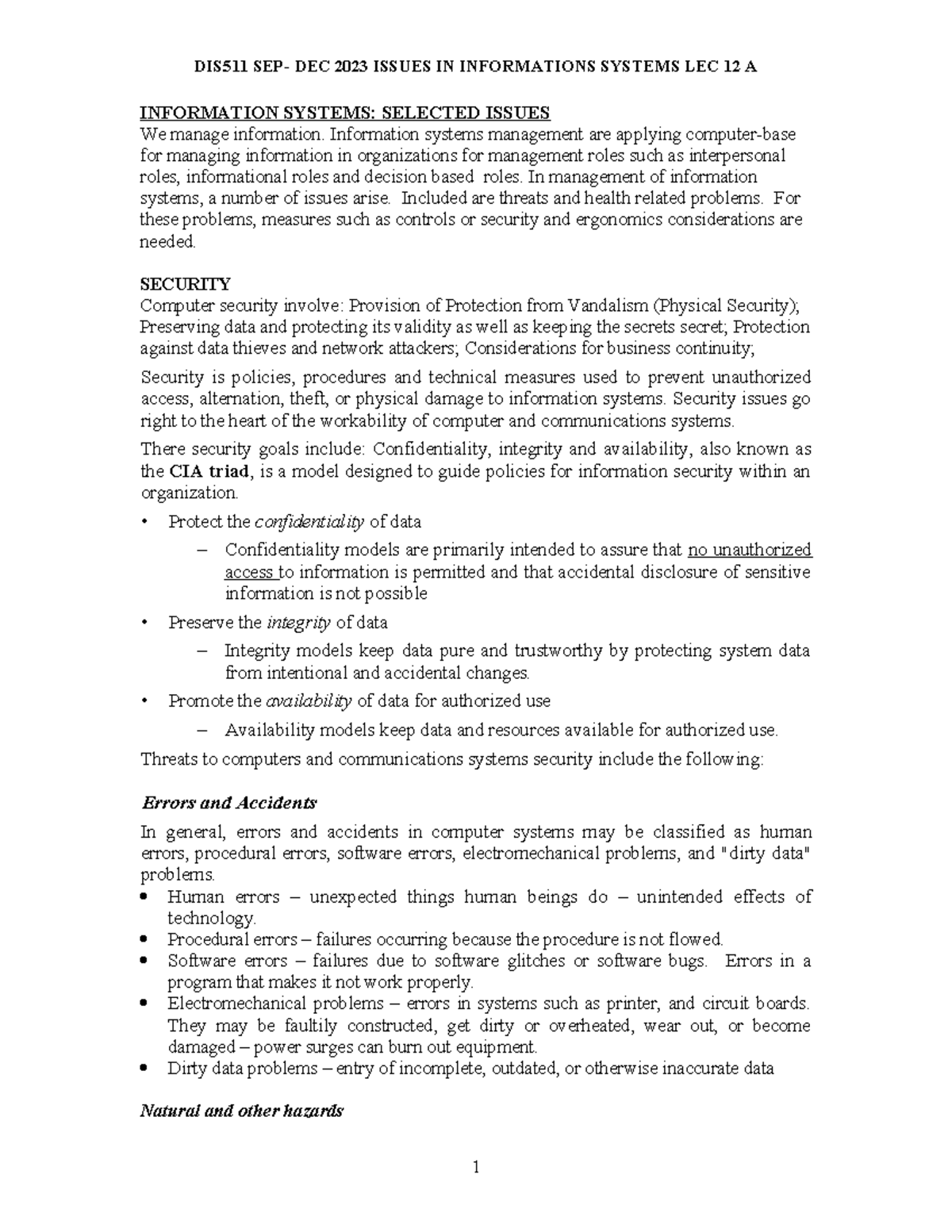DIS511 SEP-DEC 2023 Issues in Information Systems Lecture 12 Analysis ...