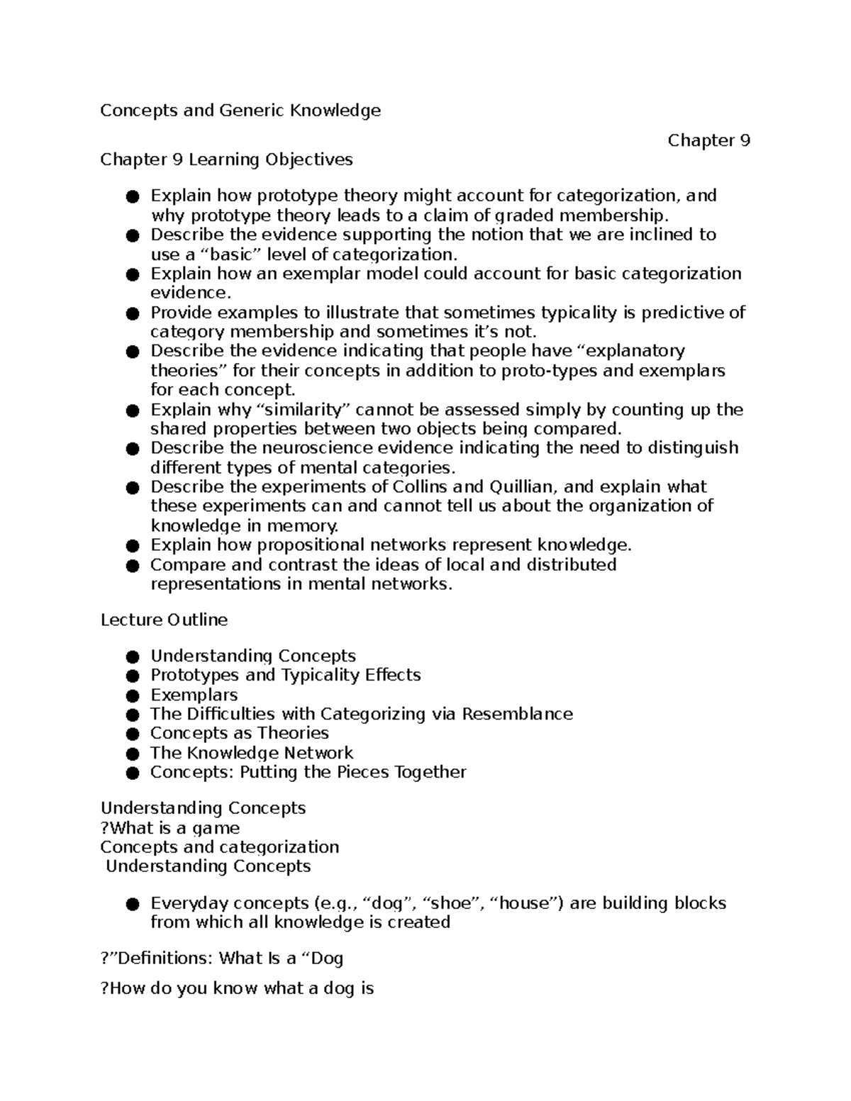 Chapter 9 notes exp - Concepts and Generic Knowledge Chapter 9 Chapter ...