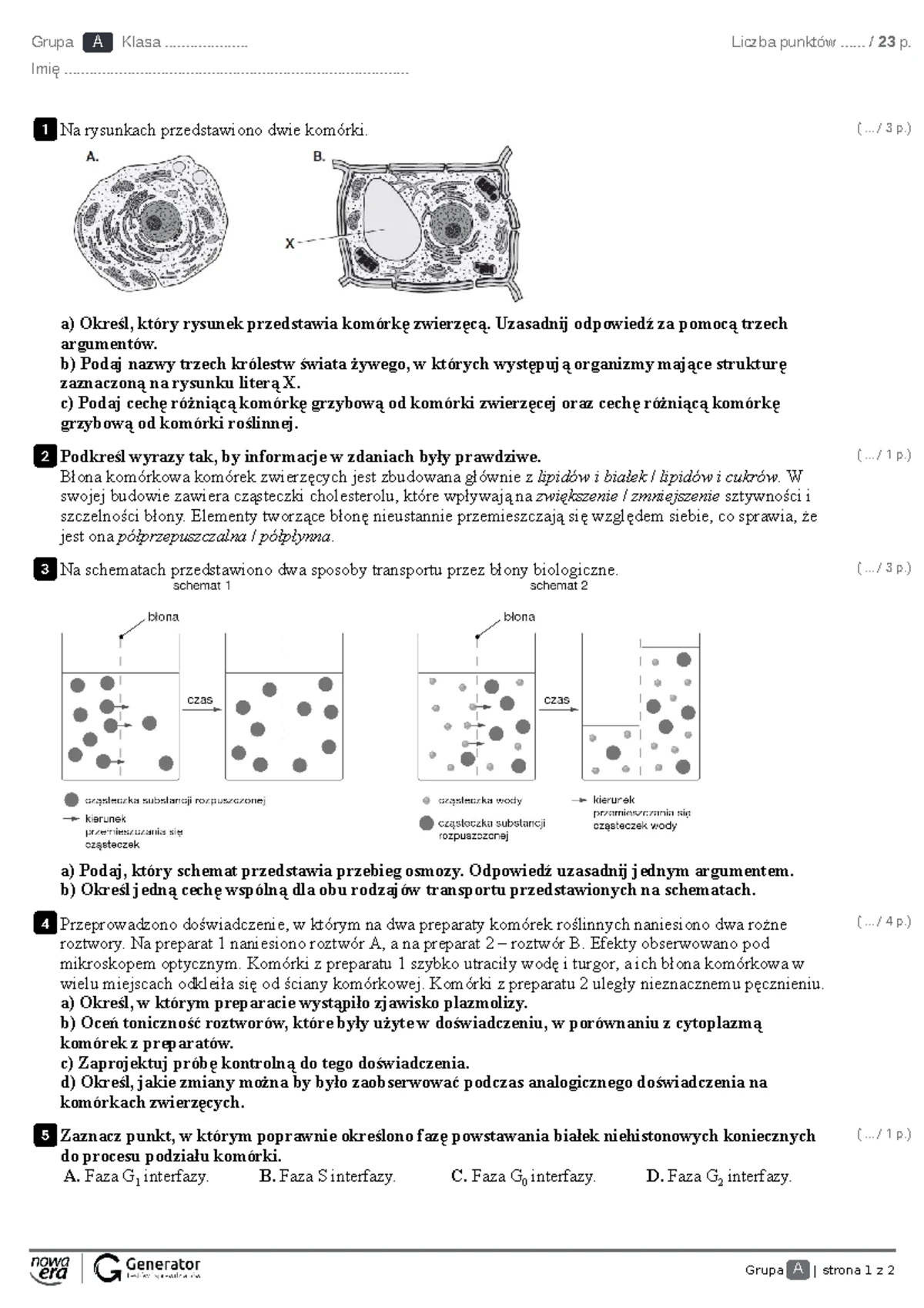 Komórka Podstawowa Jednostka życia Sprawdzian 2 Liceum