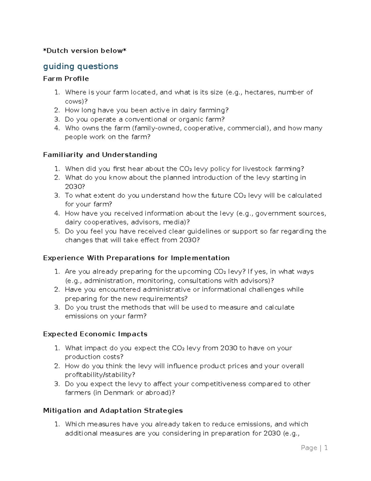 Guiding Questions for Interview on CO₂ Levy Policy in Dairy Farming ...