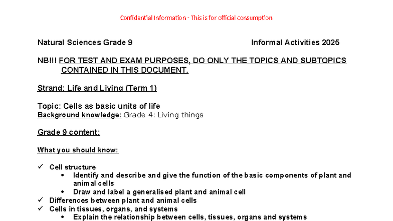 Grade 9 Natural Sciences Term 1: Cells and Biological Systems 2025 - Document Preview