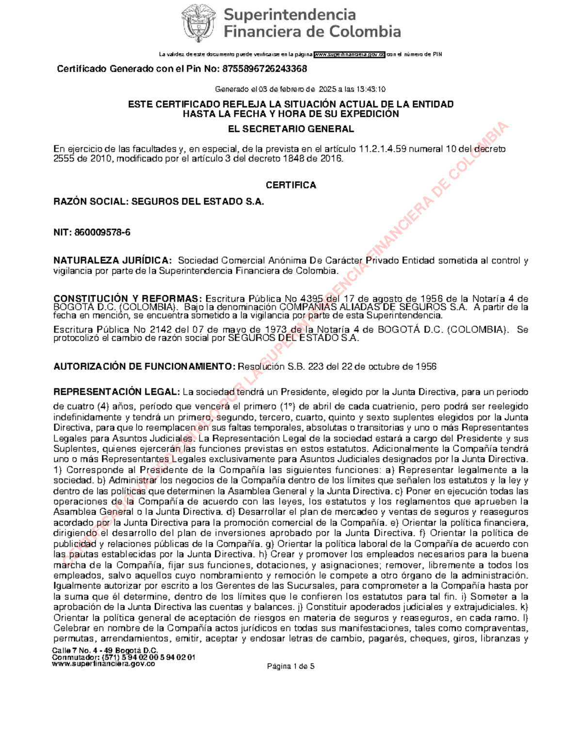 Certificado de Existencia y Representación Legal - SEGUROS DEL ESTADO S.A. - Document Preview