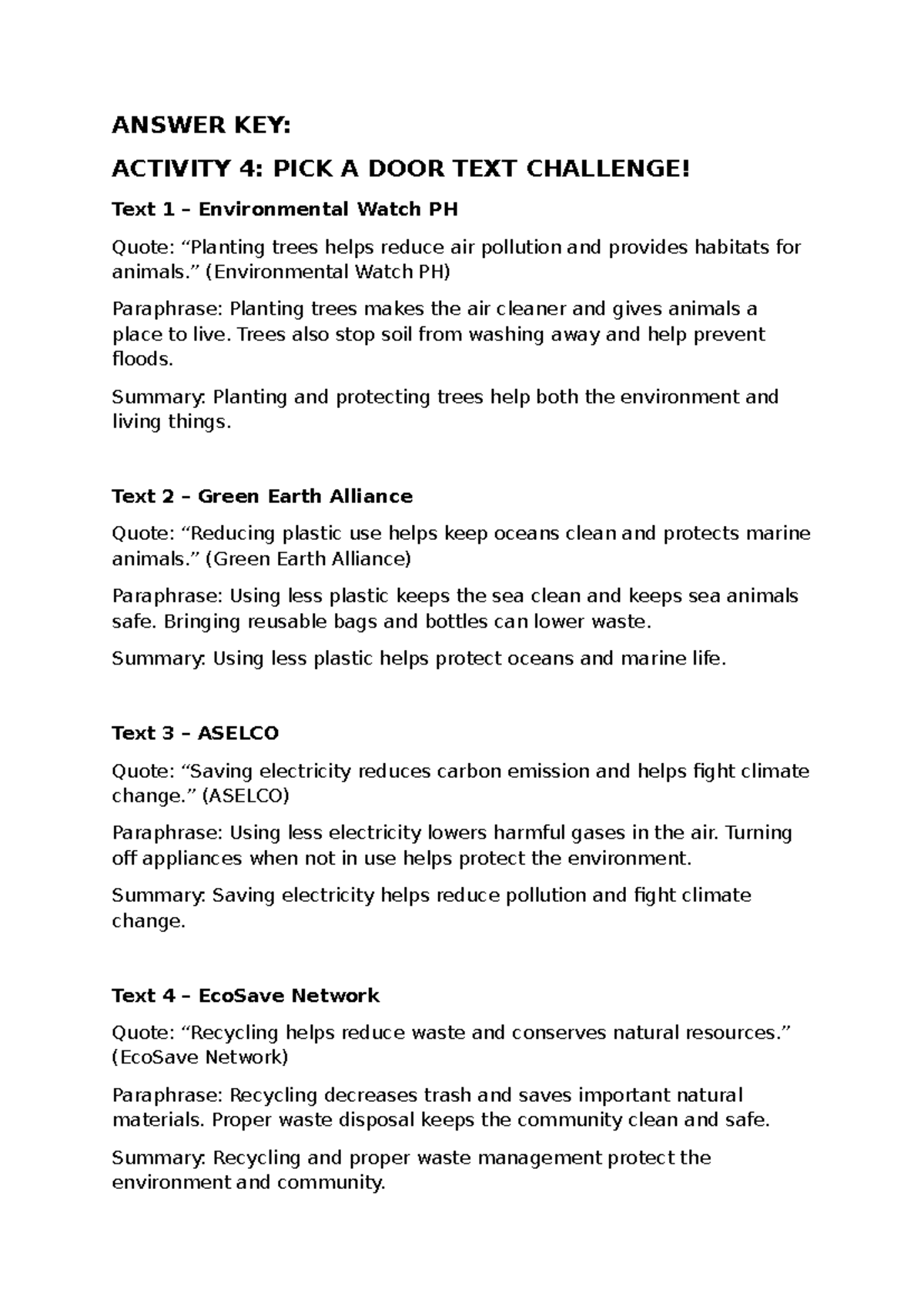 English Answer Key: Environmental Challenges & Solutions (Activity 4 ...