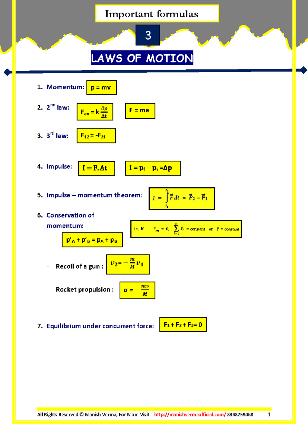 Physics Formula Sheet - Important Formulas for 3 Laws of Motion - Studocu