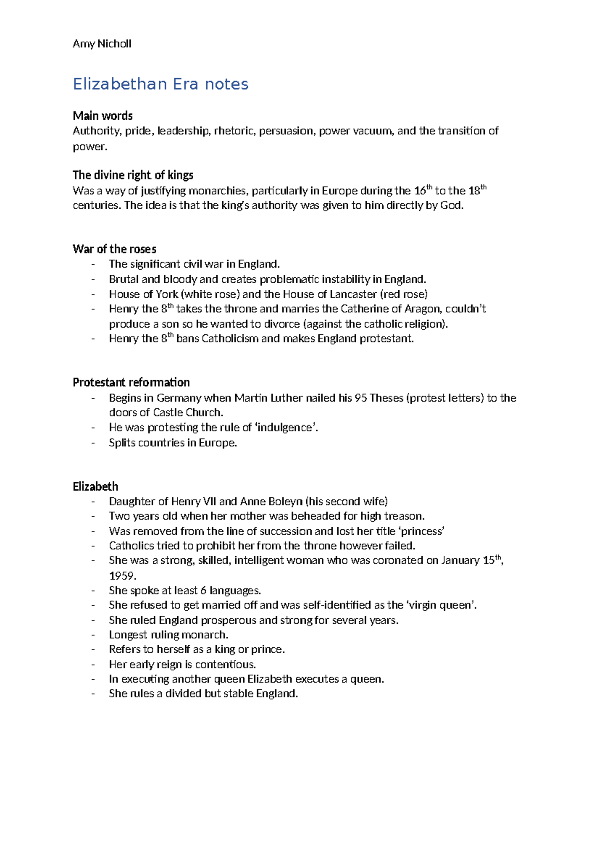 Elizabethan Era Notes: Authority, Power, and Leadership Insights - Studocu