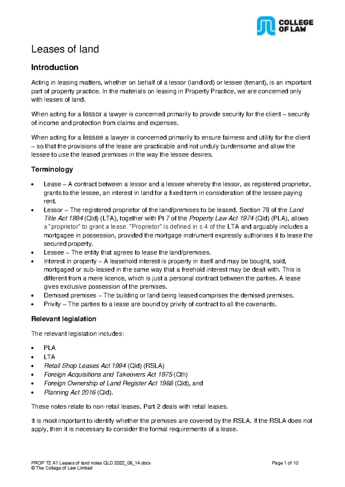 PROP T2 A1 Leases of Land: Comprehensive Notes and Key Considerations ...