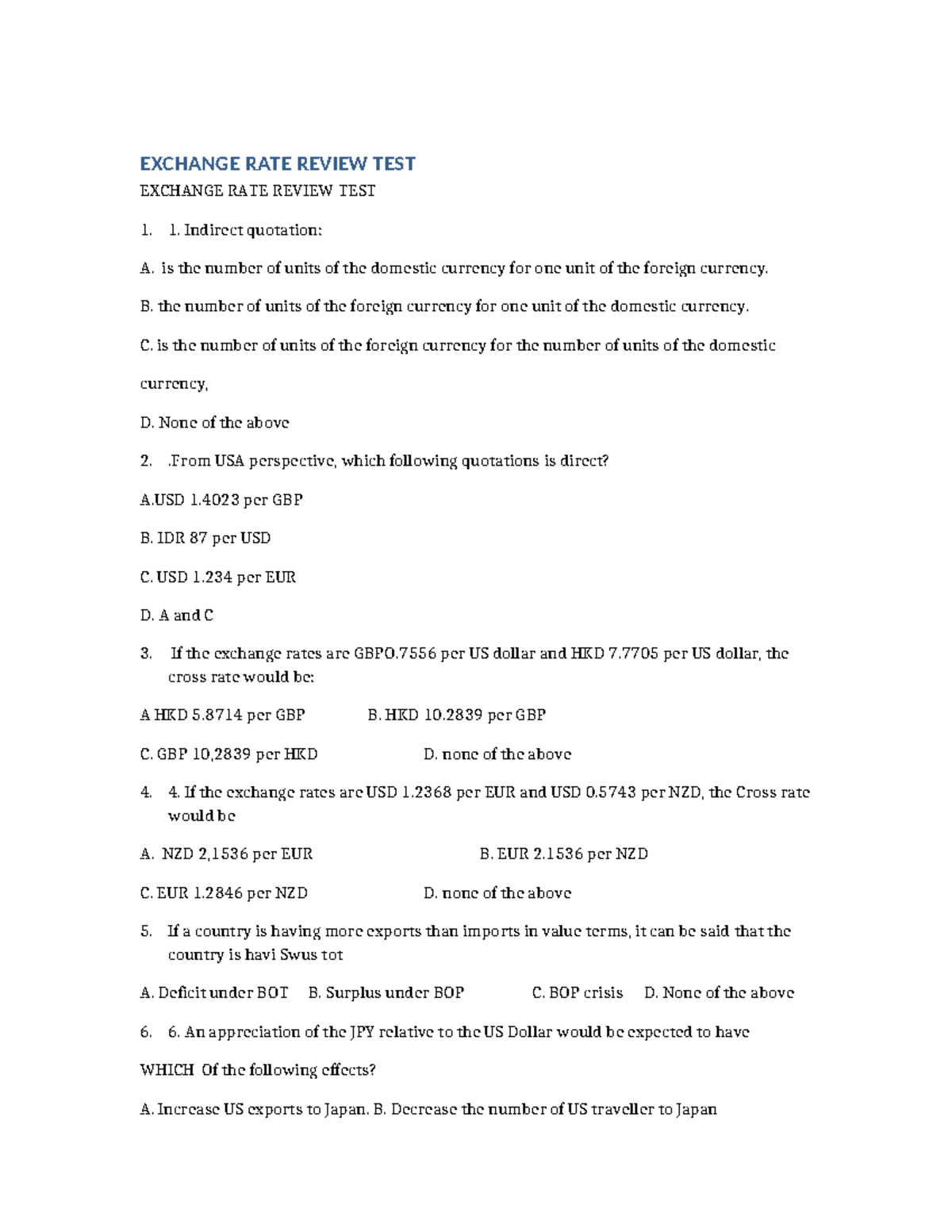 Exchange Rate Review Test (Course Code: ER101) - Studocu