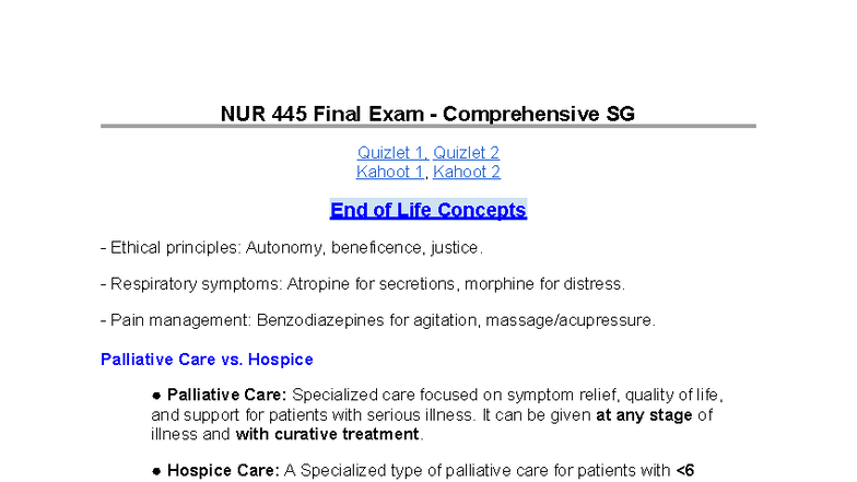 NUR 445 Final Exam Study Guide: End of Life Concepts & Critical Care ...