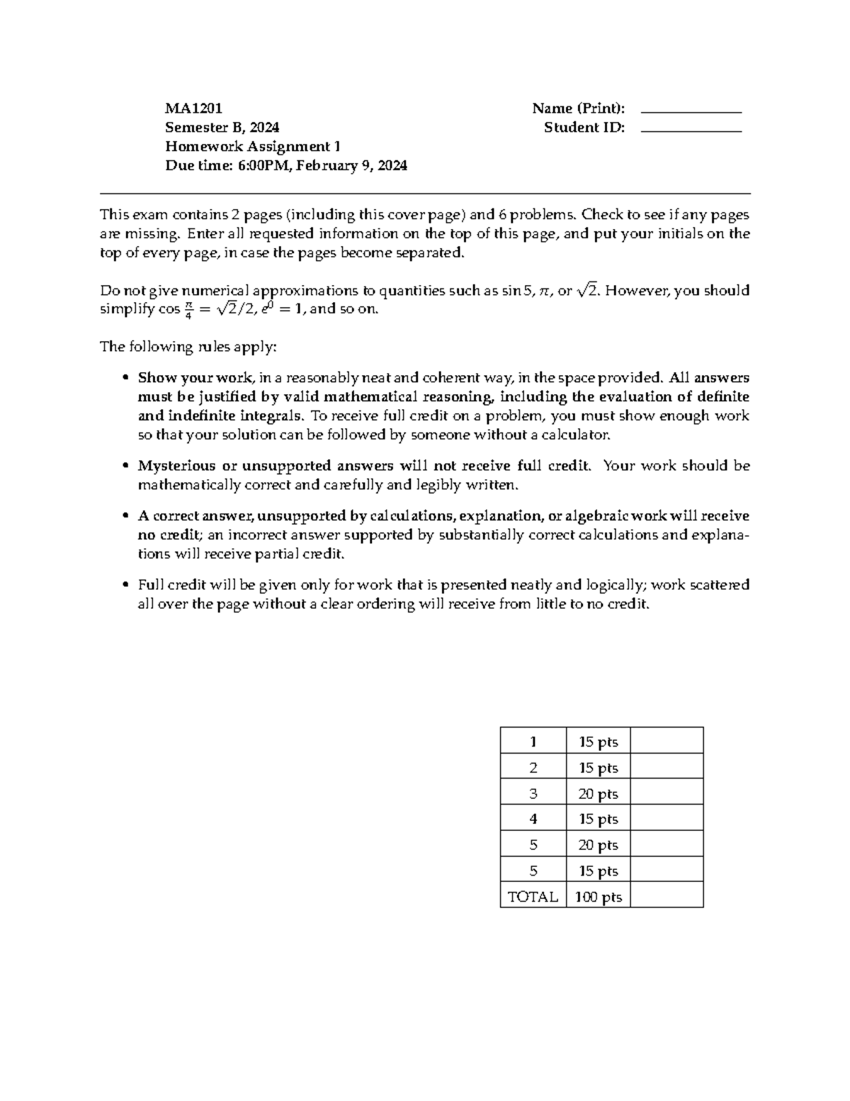 Hw1 2024B - MA1201 Name (Print): Semester B, 2024 Student ID: Homework ...