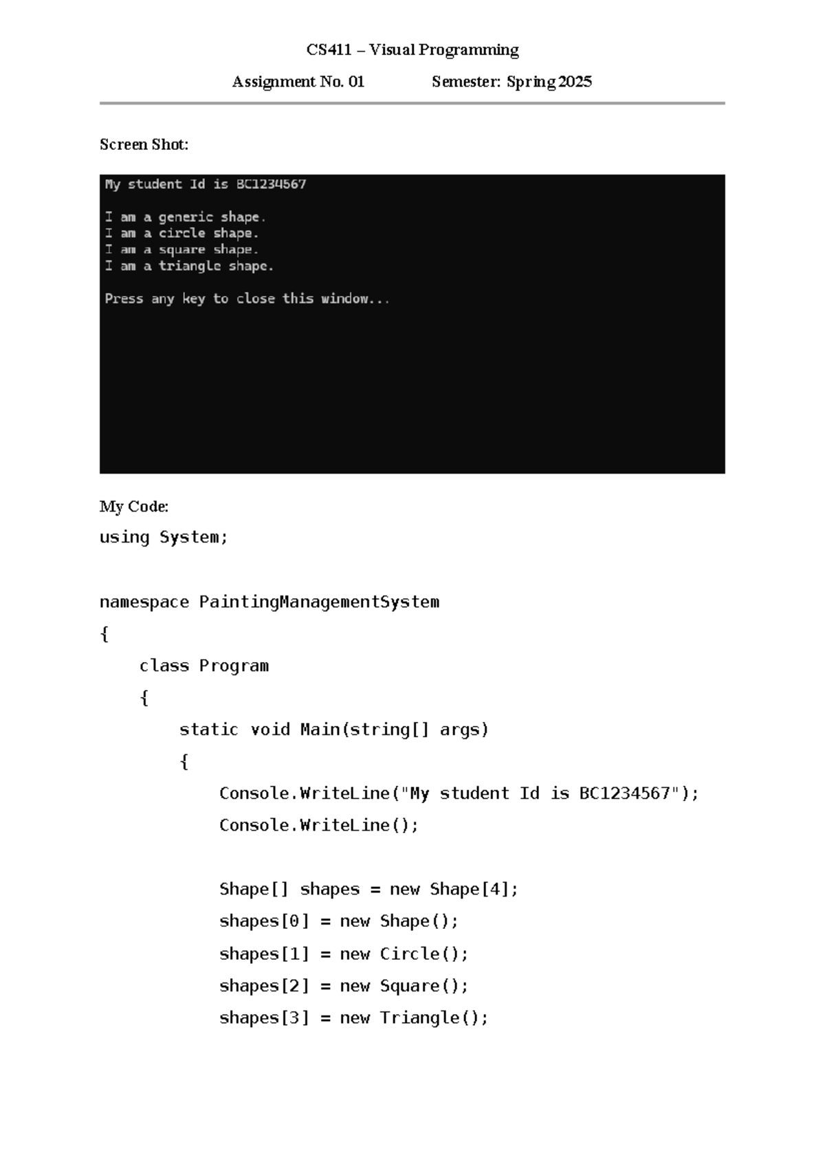 Spring 2025 CS411 01 Solution (5301659336) - CS411 – Visual Programming ...
