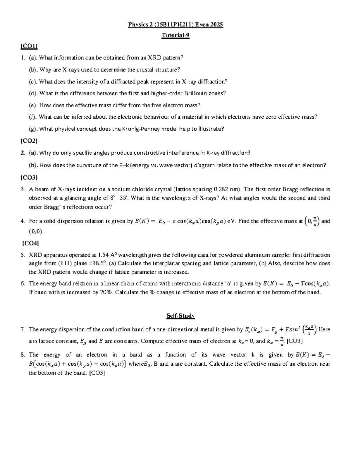 Tute 9 Physics 2 (15B11PH211) Even 2025 - Practice Questions - Studocu