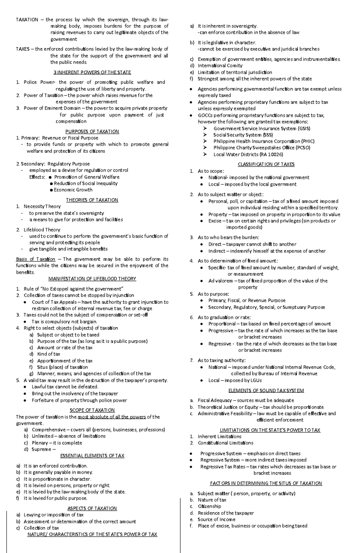 TAXATION 101: Summary of Key Concepts and Theories (523391159) - Studocu