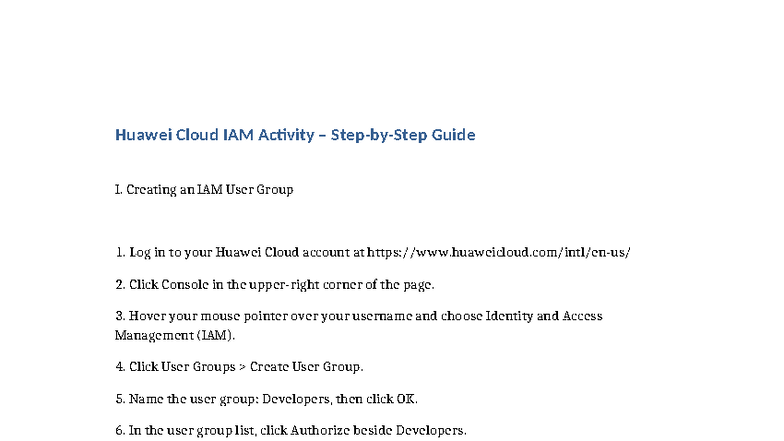 Huawei Cloud IAM Guide: Creating User Groups & Users - Studocu