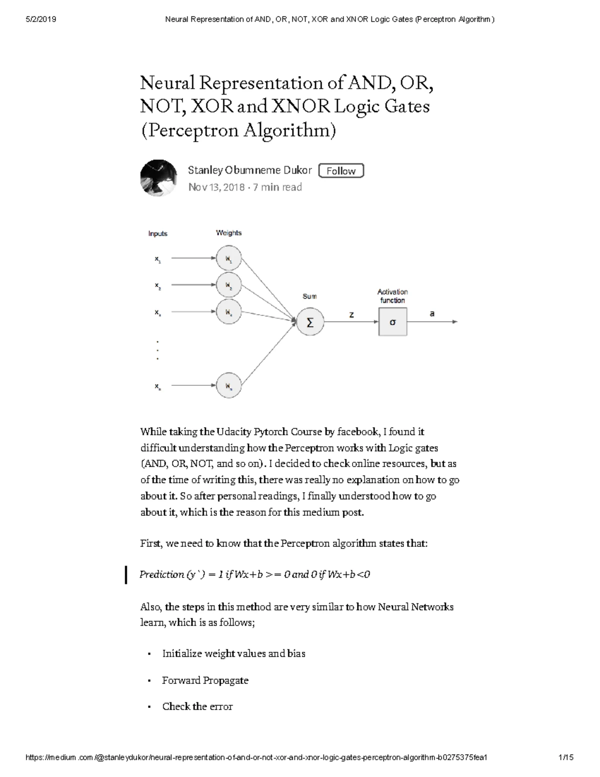 Neural Representation of AND, OR, NOT, XOR and XNOR Logic Gates (Perceptron Algorithm)