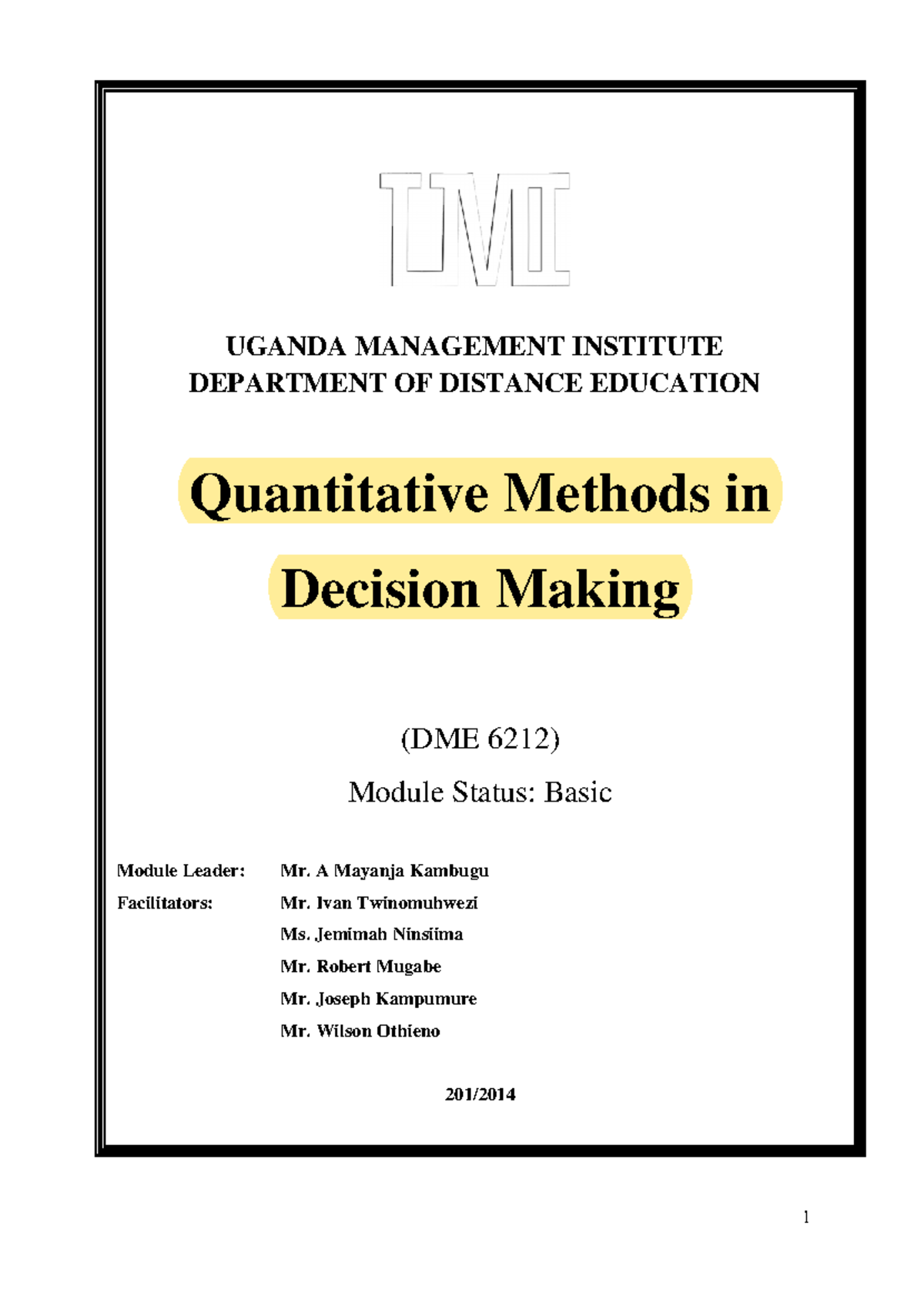 Quantitative Methods in Decision Making (DME 6212) - Module Hand Book ...
