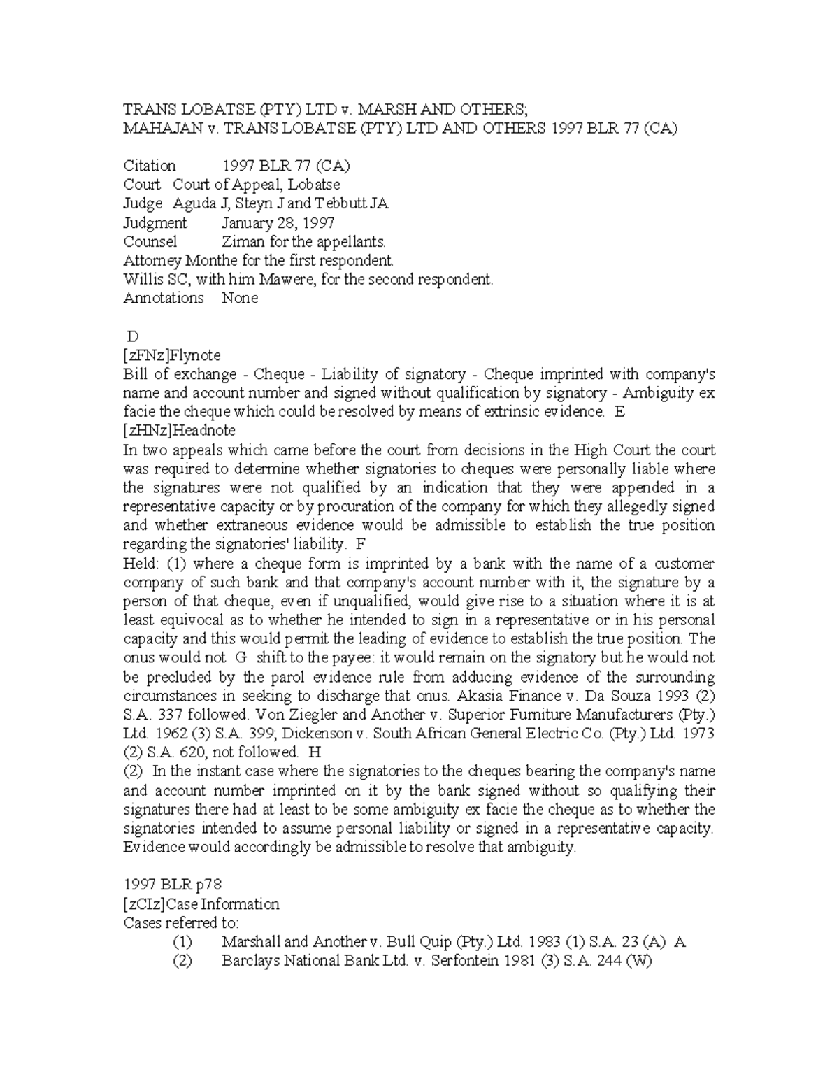 Trans Lobatse (PTY) LTD v. Marsh & Mahajan: Case Notes Analysis - Studocu
