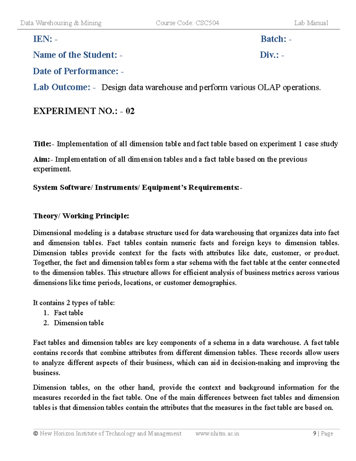 CSC504 Data Warehousing Lab Manual: Experiment 2 - Dimensional Modeling ...