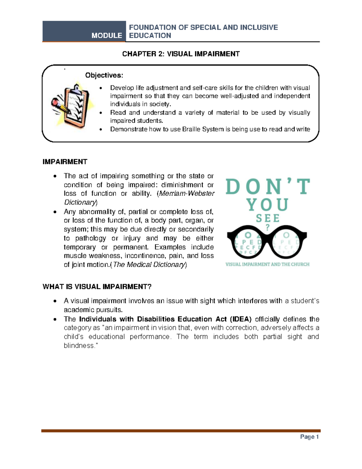 FOUNDATION OF SPECIAL AND INCLUSIVE EDUCATION CHAPTER 2: VISUAL ...