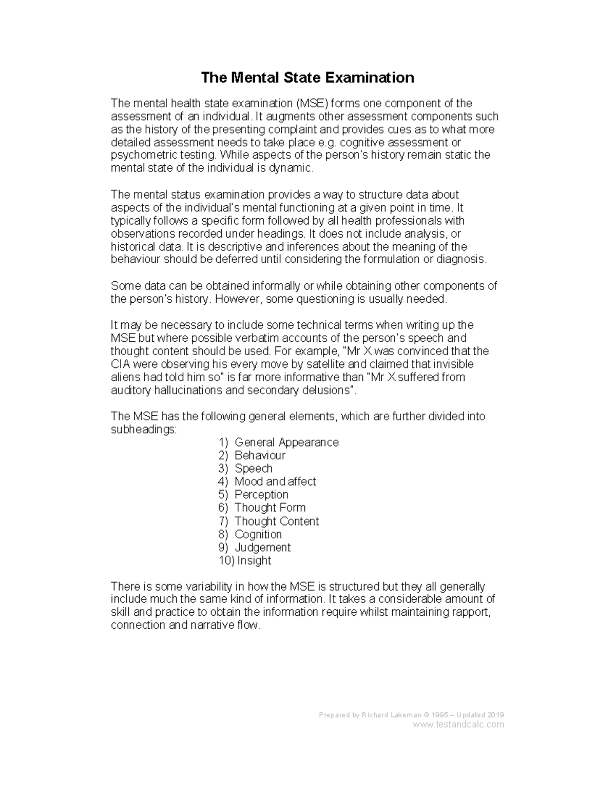Teaching Resource: Mental Status Examination (MSE) Guide - Studocu
