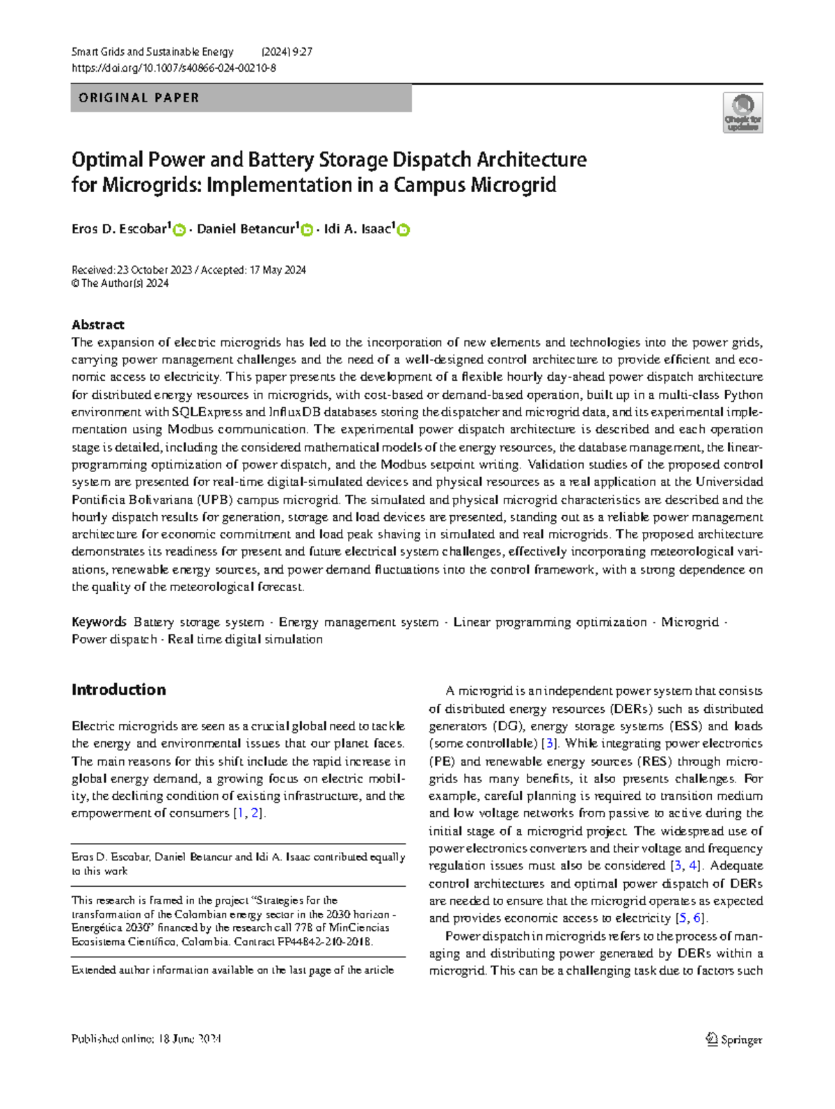 Optimal Power Dispatch & Battery Storage for Microgrids (ENGR 2024 ...