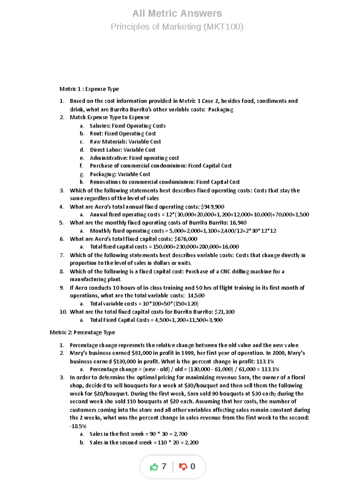 MKT100 Final Exam Metric Answers and Analysis for Marketing Principles ...