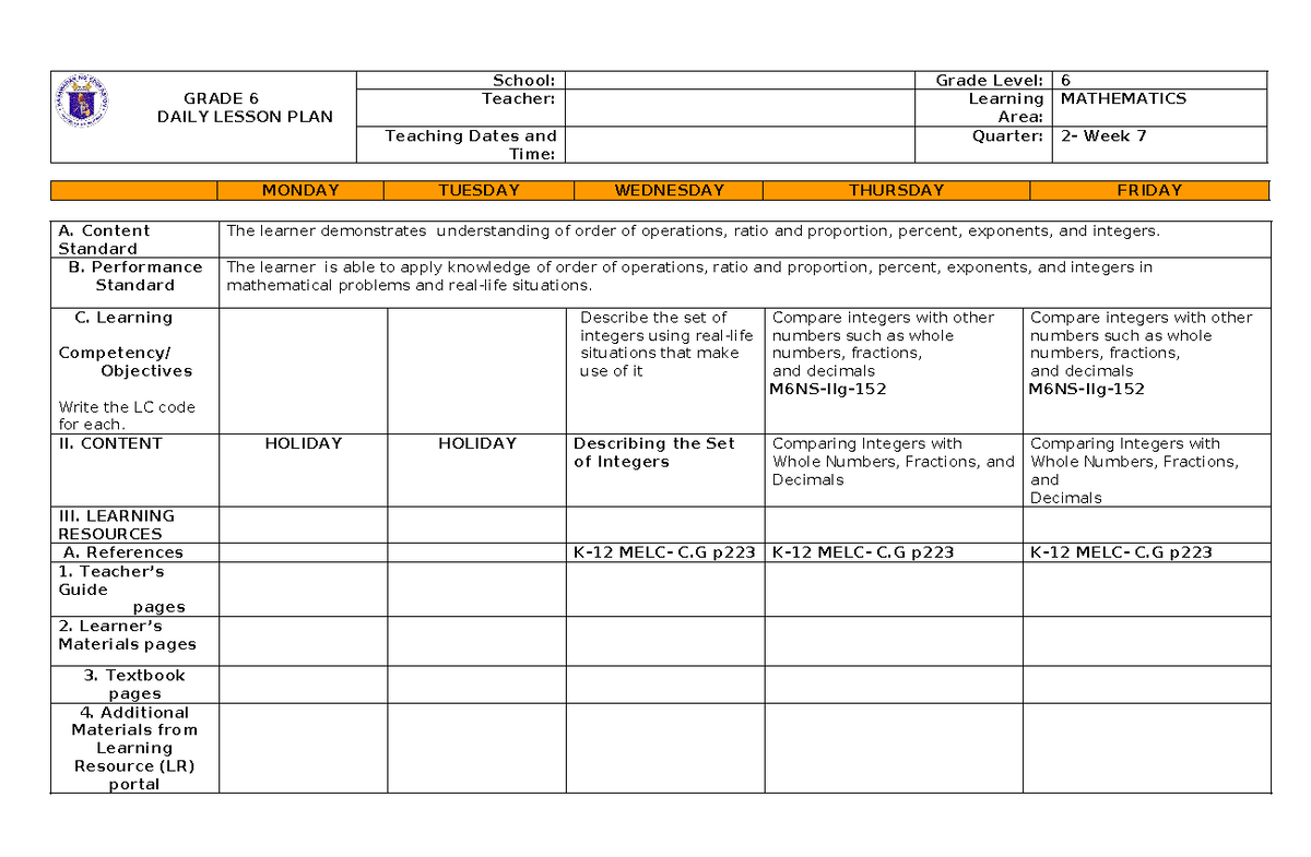 MATH G6 Q2 W7 DAILY LESSON PLAN - ORDER OF OPERATIONS & INTEGERS - Studocu