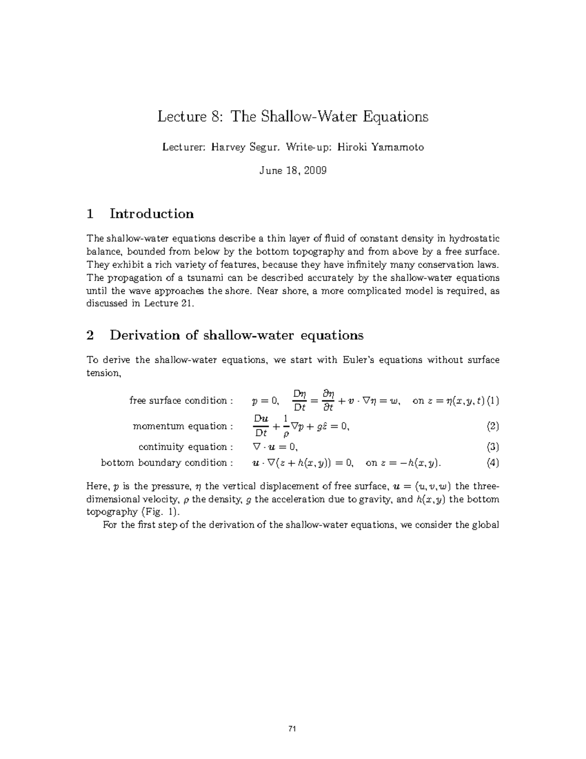 Lecture 8: Understanding the Shallow-Water Equations in Fluid Dynamics ...
