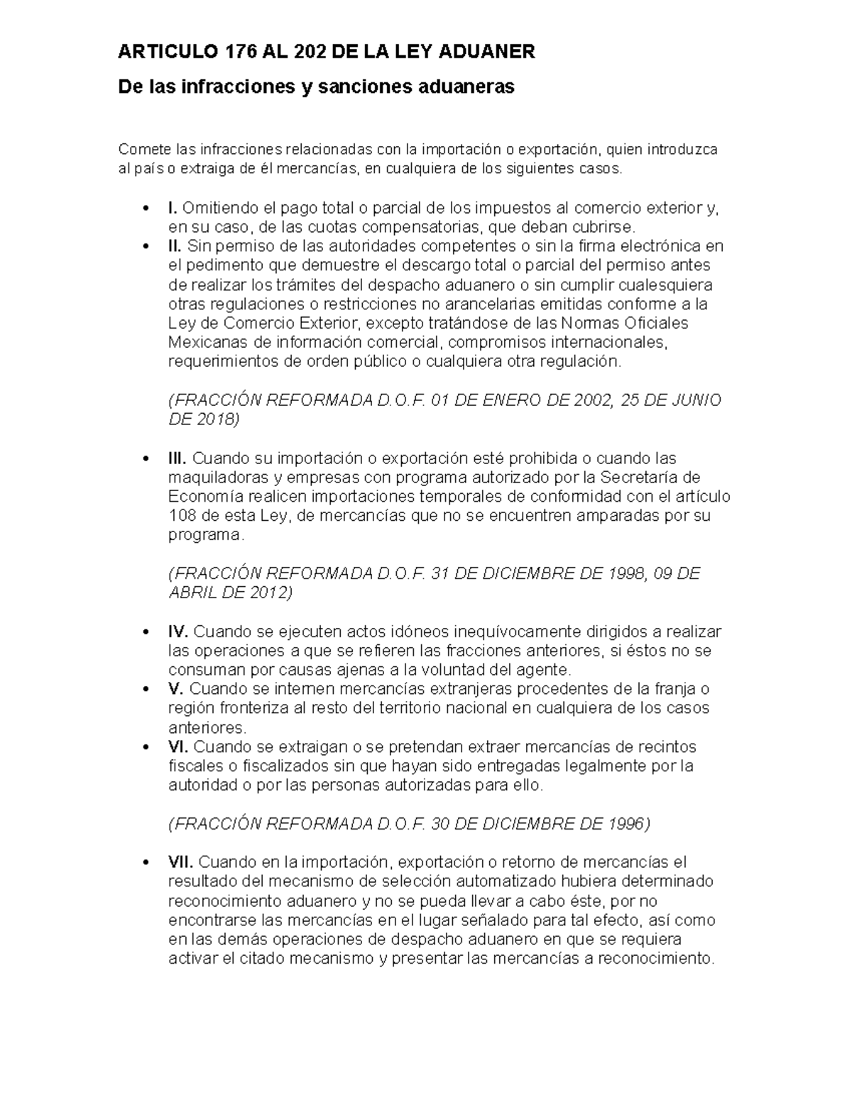 Artículo 176 al 202 de la Ley Aduanera: Infracciones y Sanciones - Studocu