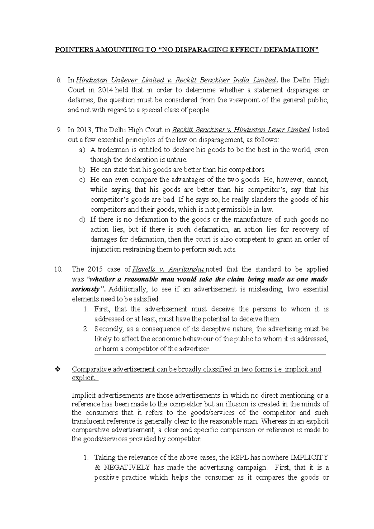 Pointers- Not amounting Disparagement - POINTERS AMOUNTING TO “NO ...
