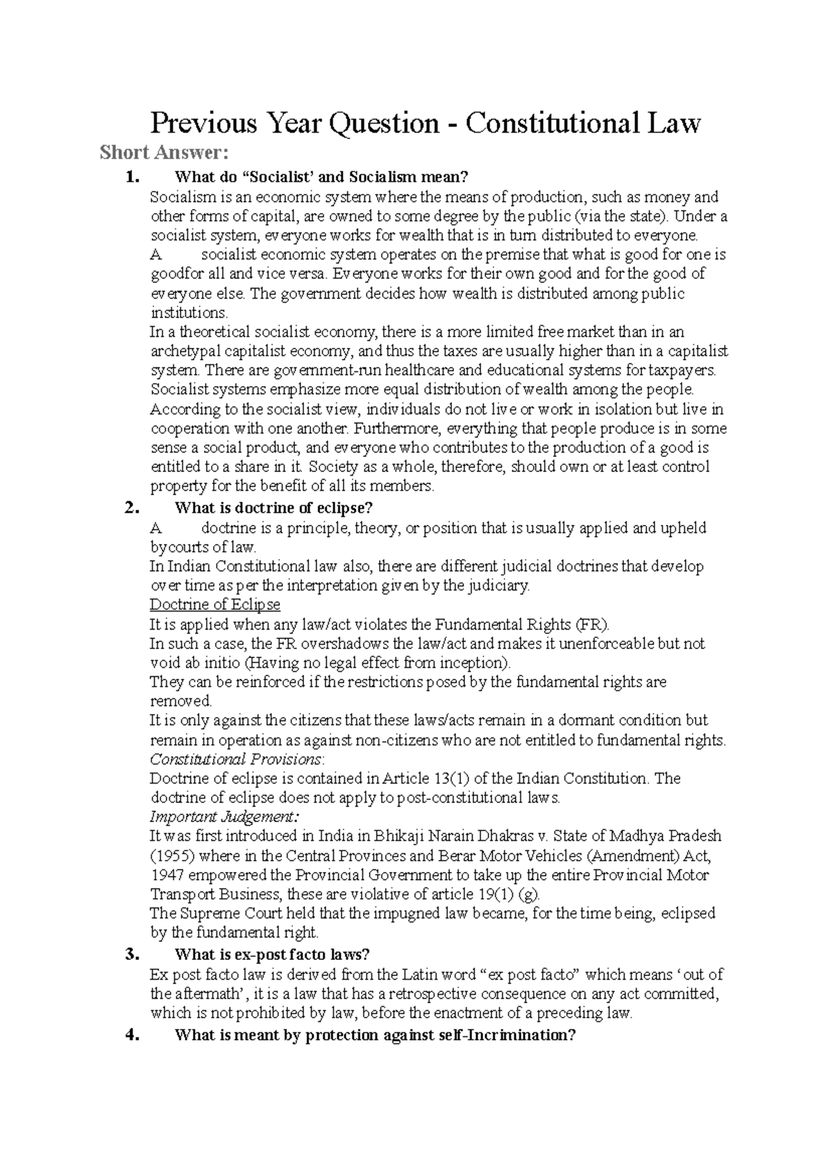Constitutional Law - Short Answer Notes (CL 101) - Studocu