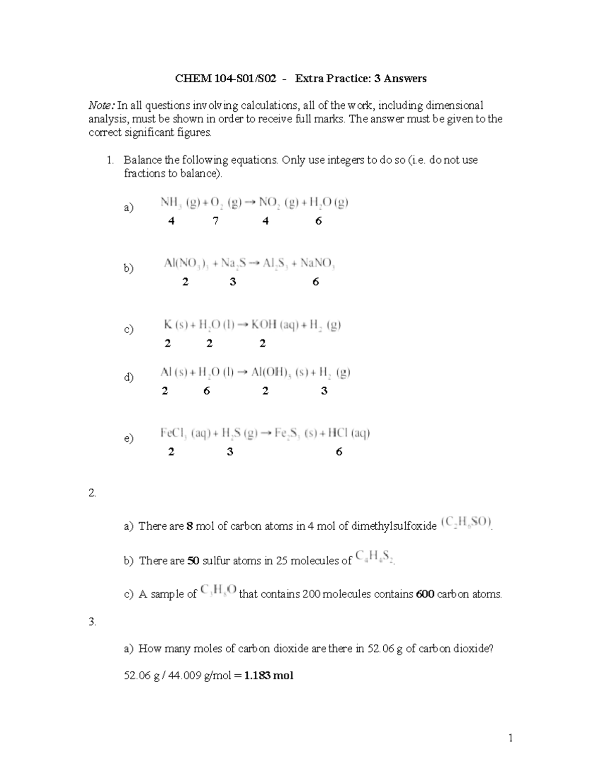 CHEM 104 Extra Practice: Balancing Equations & Moles - Studocu