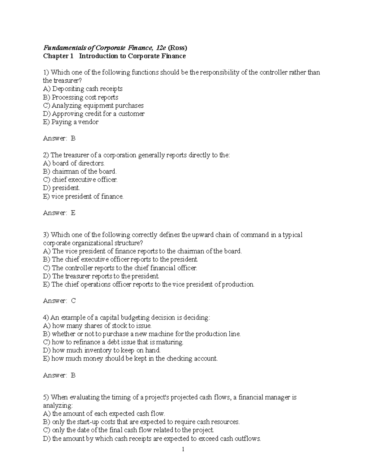 Introduction to Corporate Finance (FIN 101) Chapter 1 Answer Key - Studocu