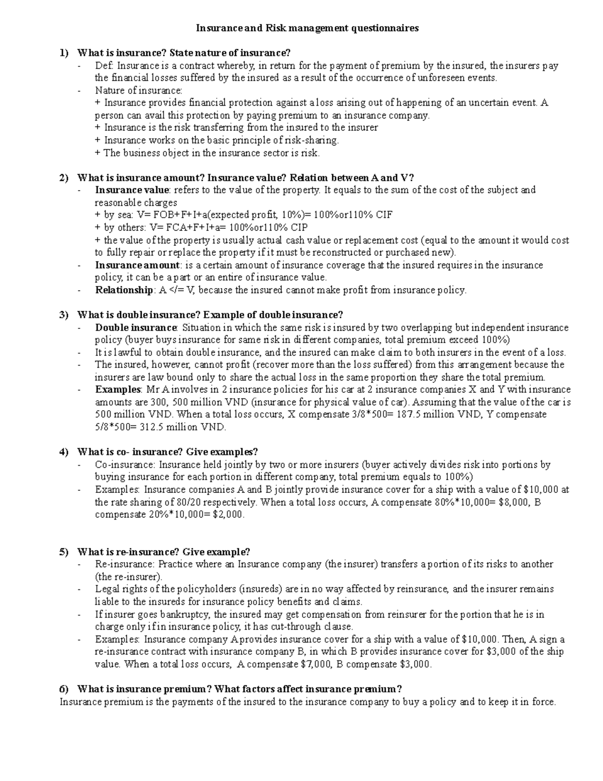 File học vấn đáp - File học vấn đáp - Insurance and Risk management ...