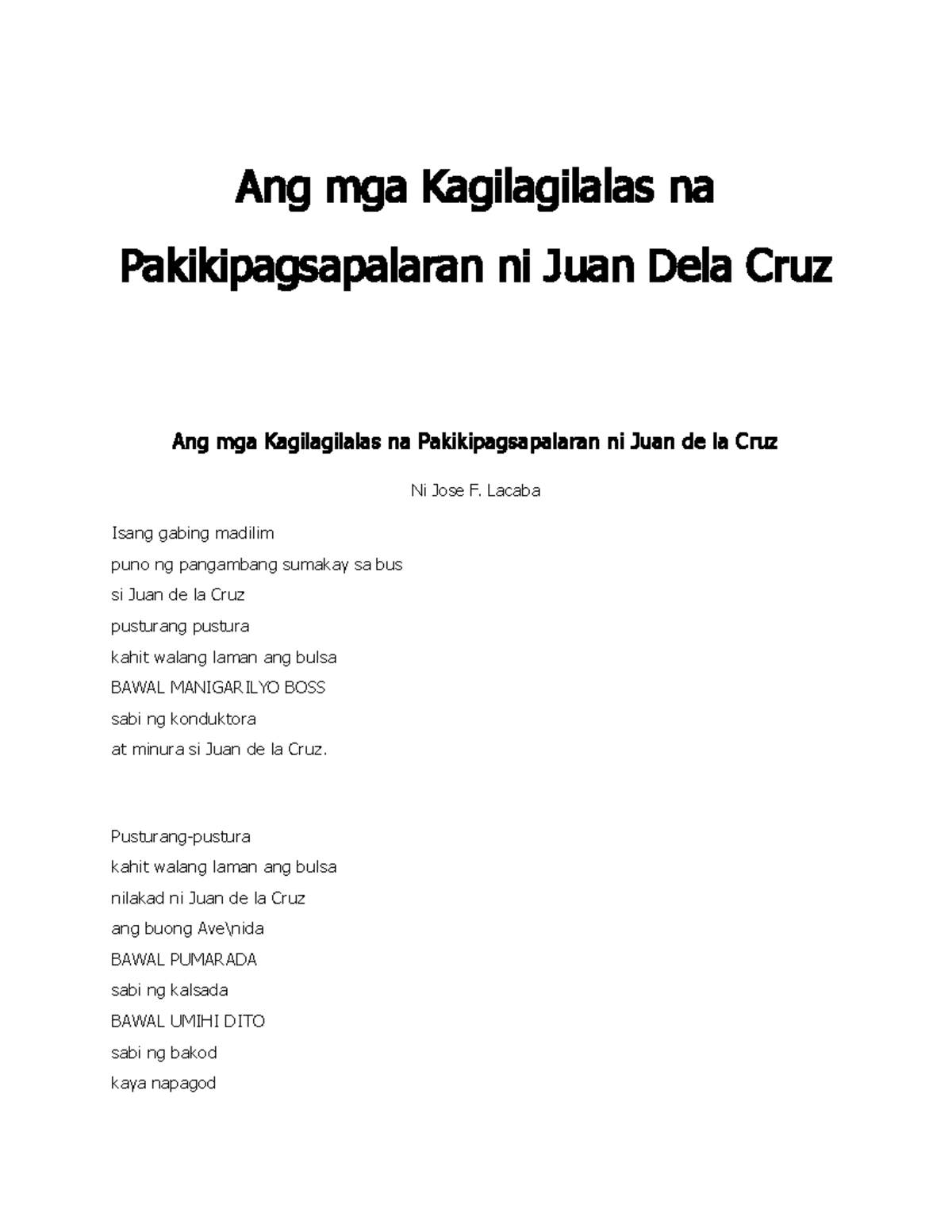 Kagilagilalas na Pakikipagsapalaran ni Juan Dela Cruz: Isang Tula - Document Preview