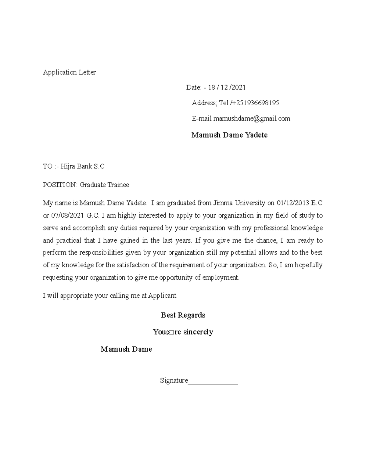 Application Letter for Graduate Trainee Position at Hijra Bank S.C ...