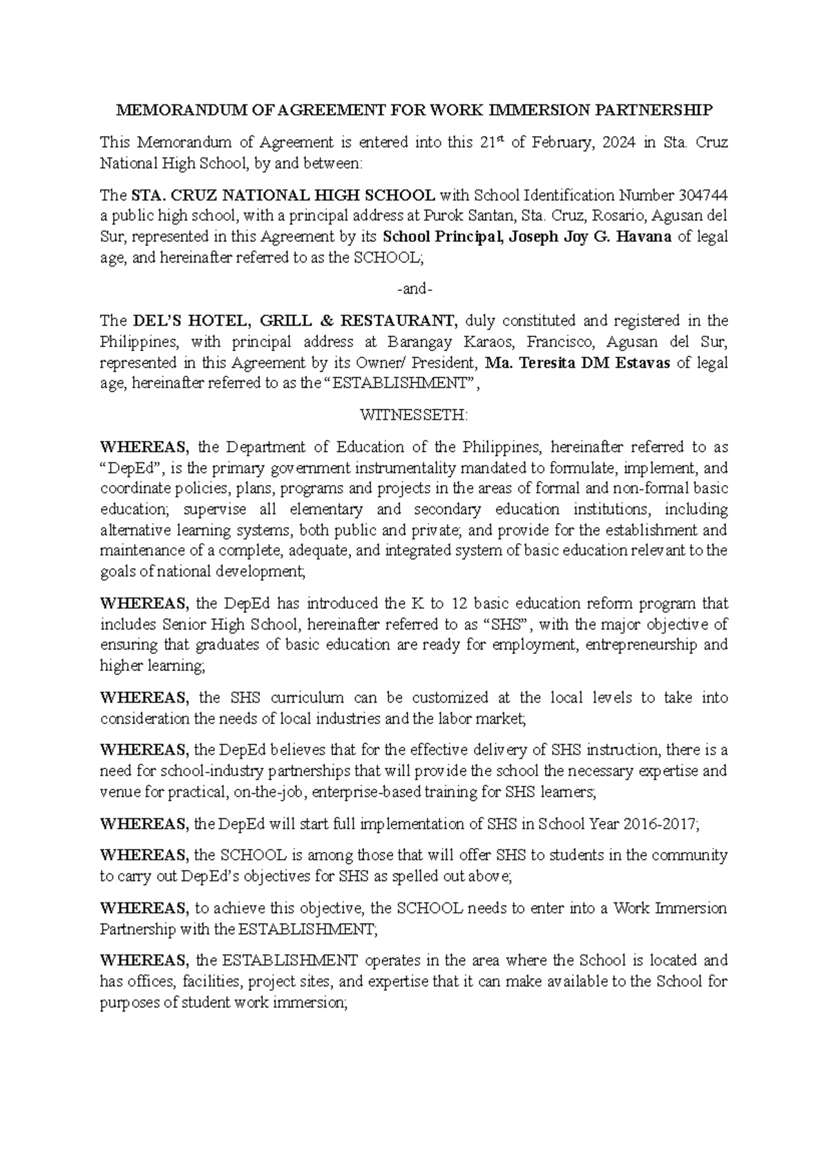 MOA - Work Immersion Partnership Agreement for SHS (2024-2025) - Studocu