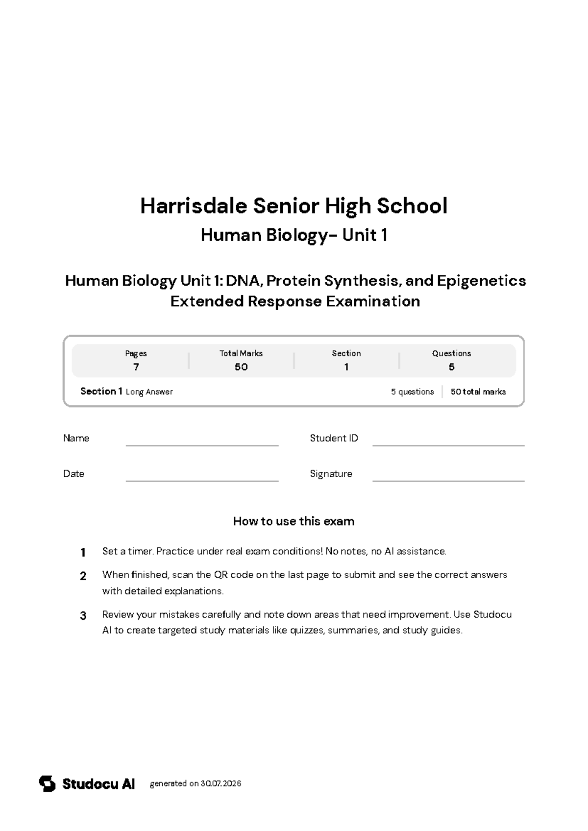 Human Biology Unit 1: DNA & Protein Synthesis Exam - Studocu