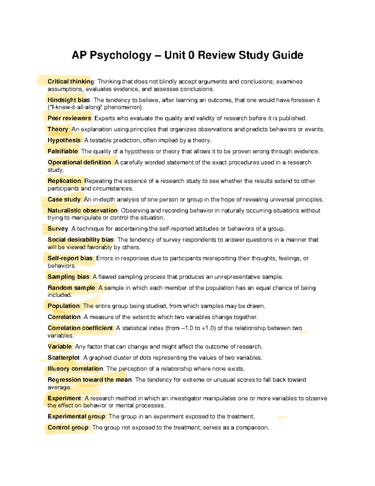 AP Psychology - Unit 0 Review: Key Concepts & Terms Guide - Studocu