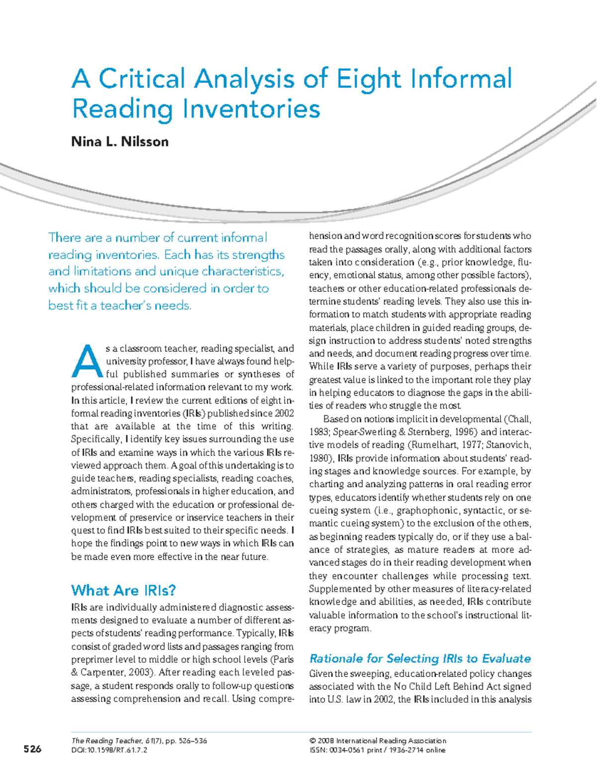 Critical Review of 8 Informal Reading Inventories (IRIs) Insights - Studocu