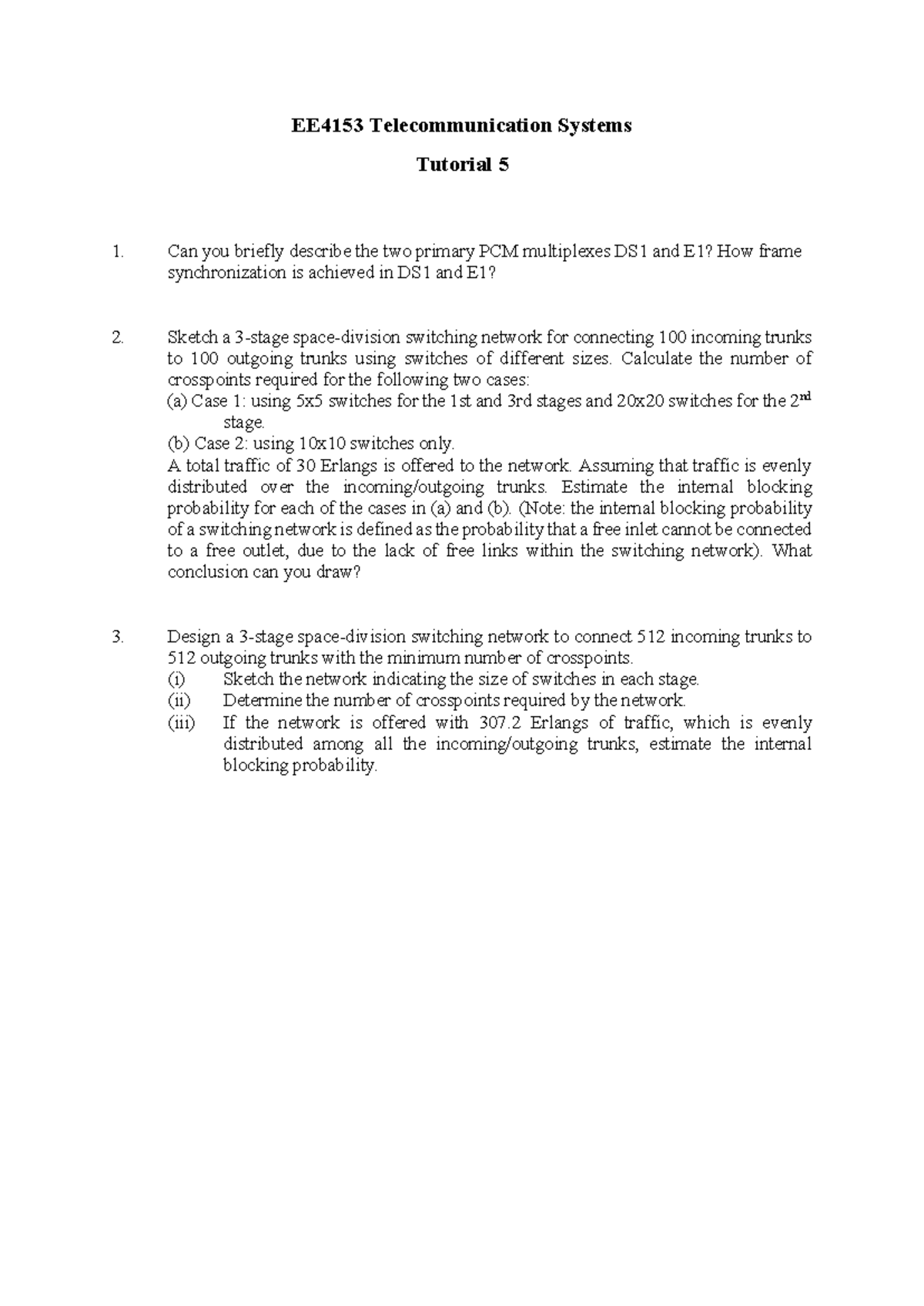 EE4153 Telecommunication Systems - Tutorial 5 Questions 2021 - Studocu