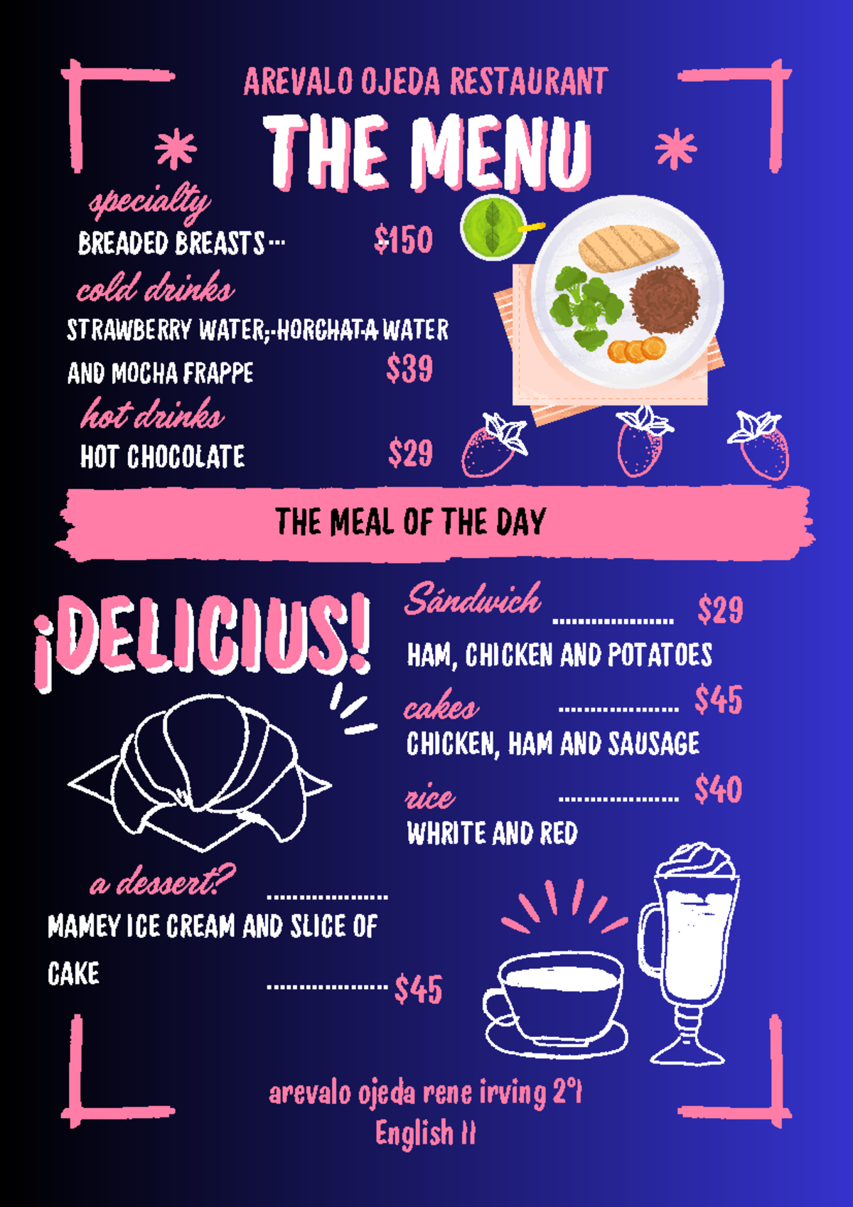 Menú Cafetería Ilustrado Rosa y Negro - ¡DELICIUS!¡DELICIUS! BREADED ...
