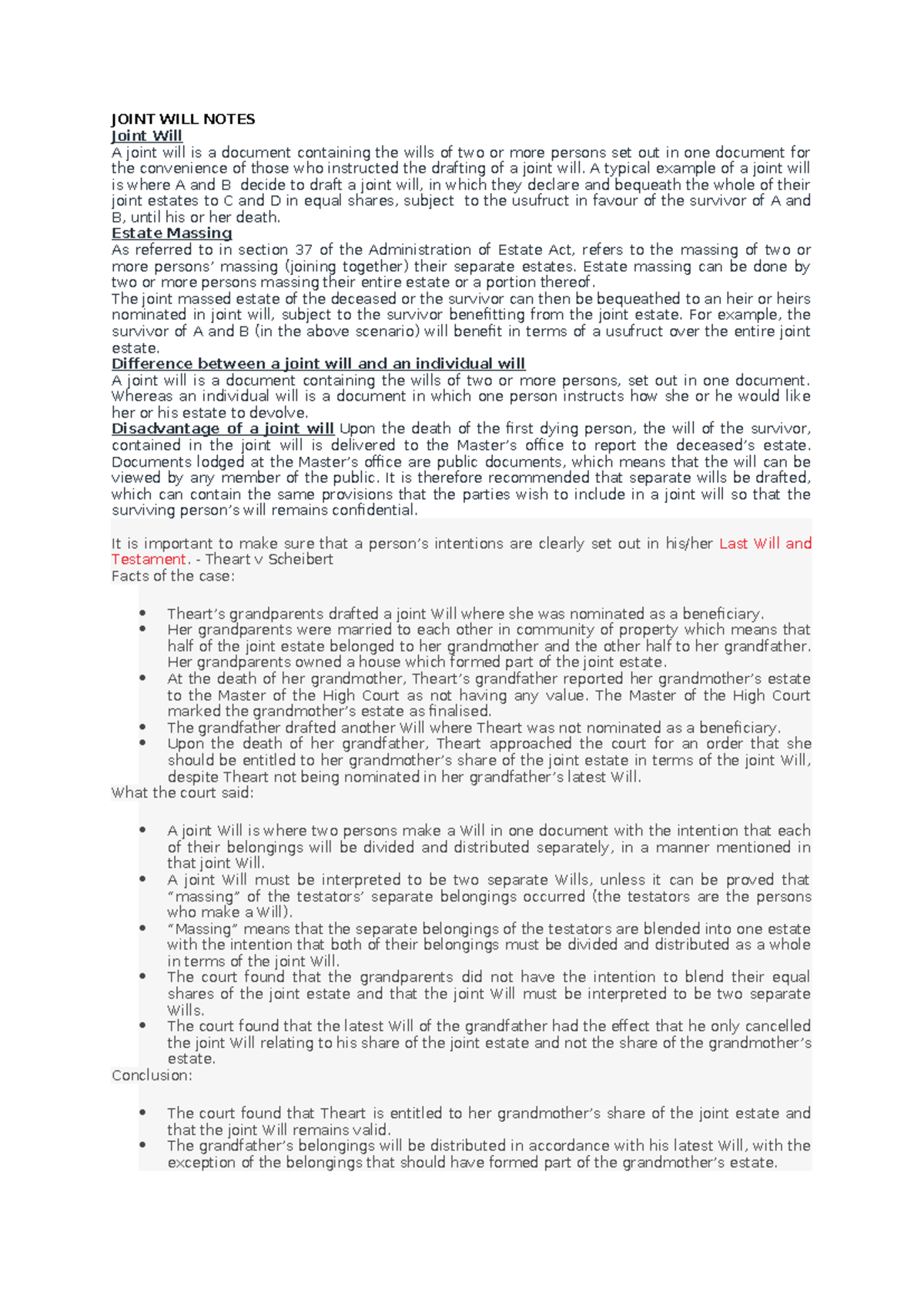 Joint Will Notes: Understanding Joint Wills and Estate Massing - Studocu