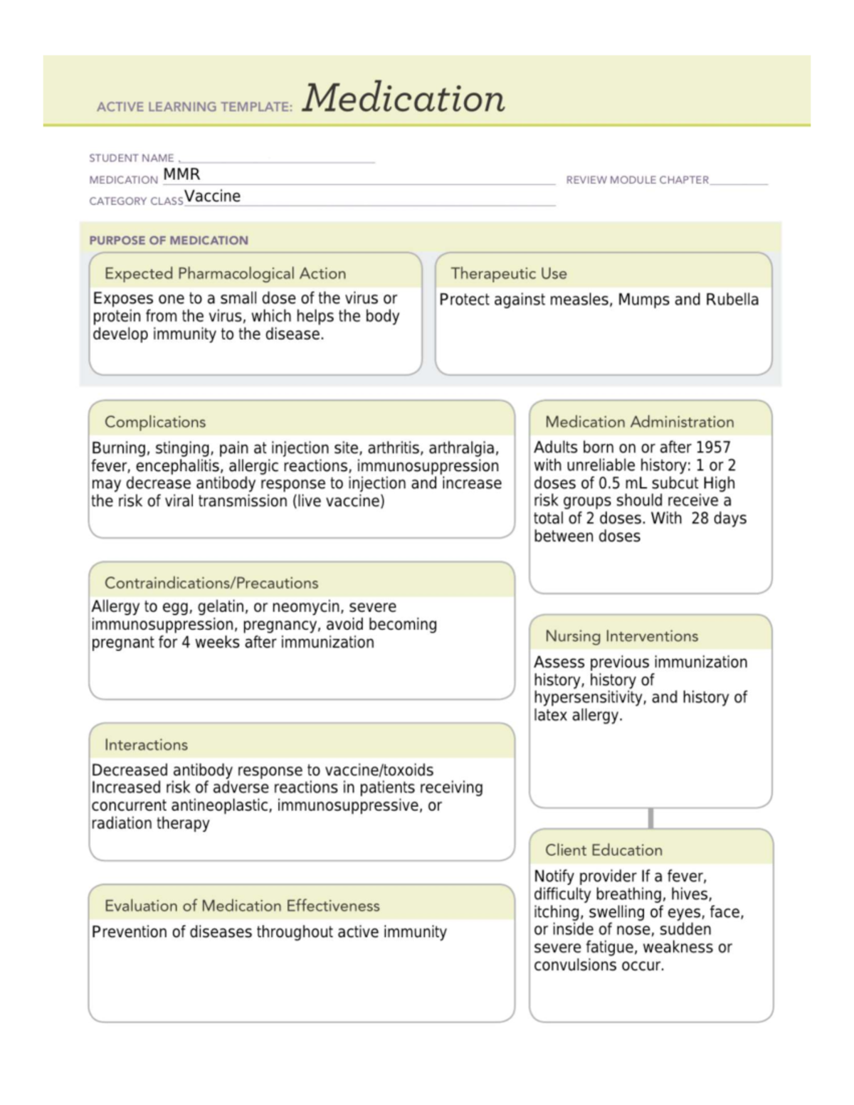 MMR Vaccine Drug Card: Active Learning Template Review - Studocu