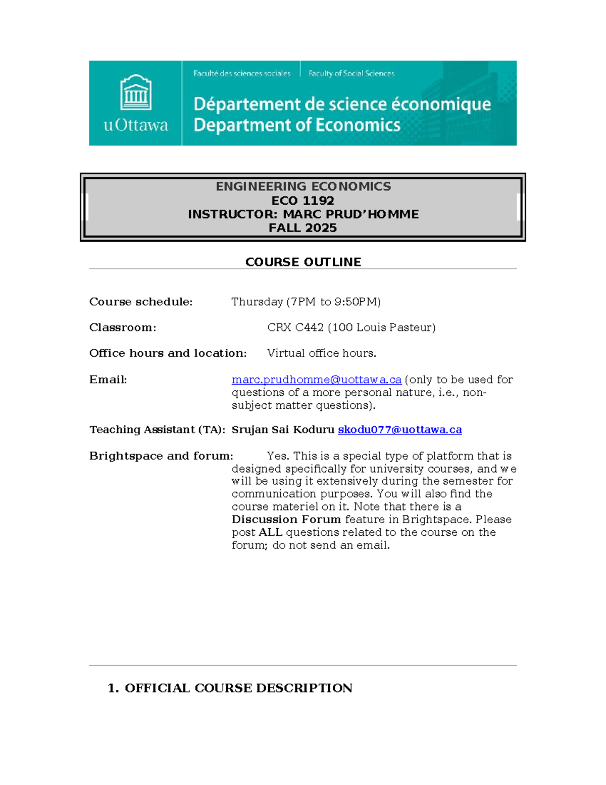 ECO 1192 Engineering Economics Course Outline - Fall 2025 - Studocu