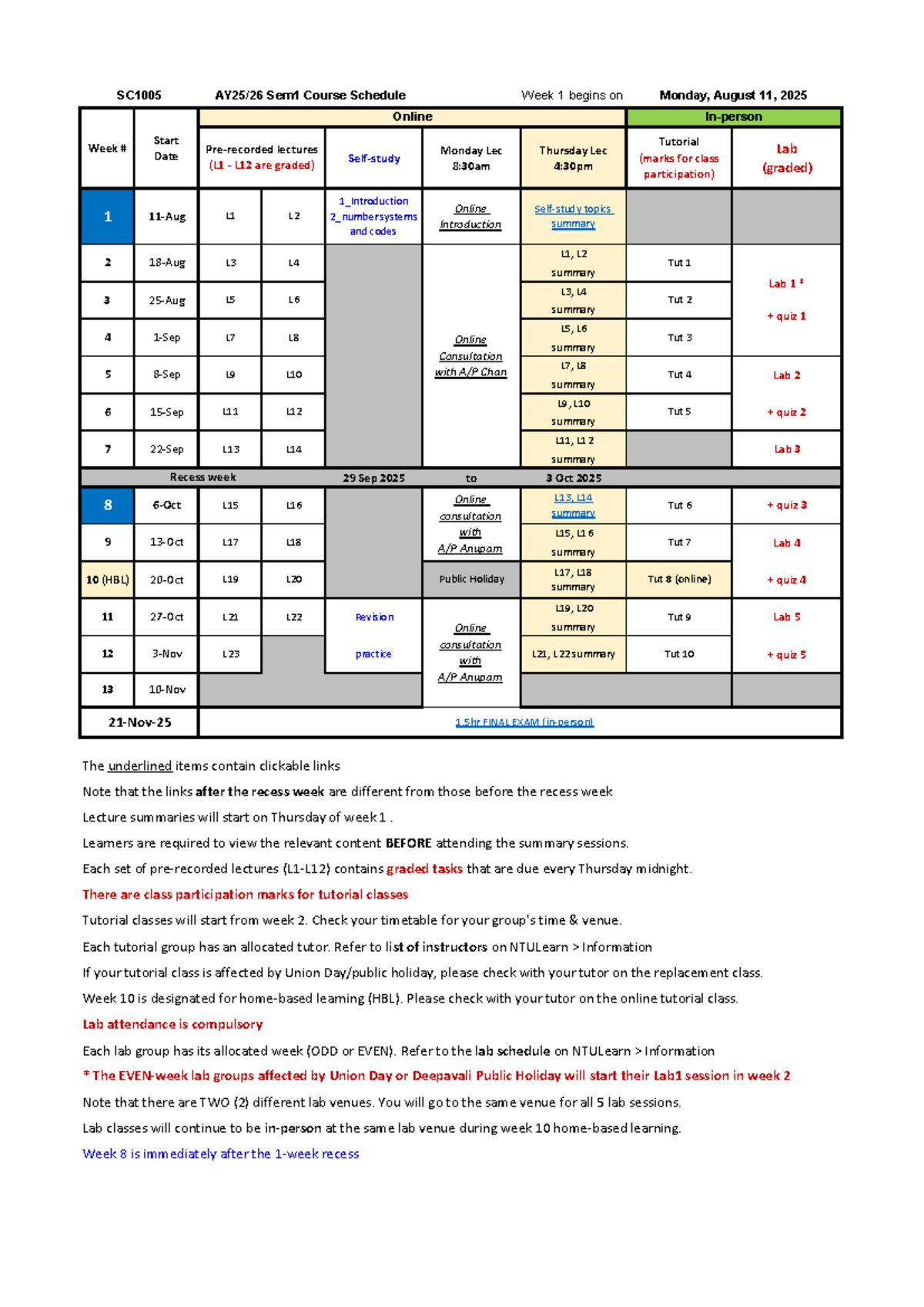 SC1005 Sem1 Course Schedule: Week 1 to Final Exam Overview - Studocu